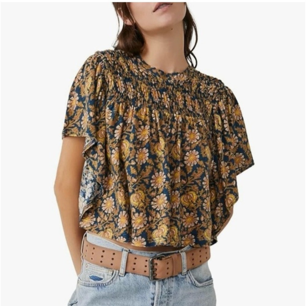 Free People Linen Cotton Floral Boho Cottagecore Resort Rouched Top sz S-L